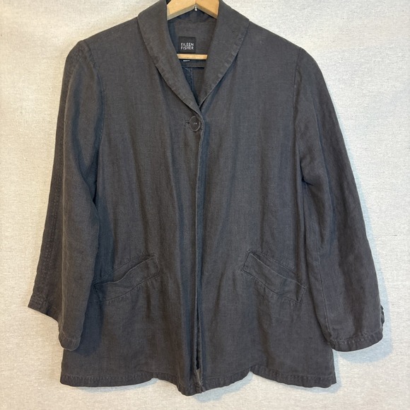 Eileen Fisher Womens Medium One Button Jacket Blazer Irish Linen Gray Designer - Picture 1 of 8